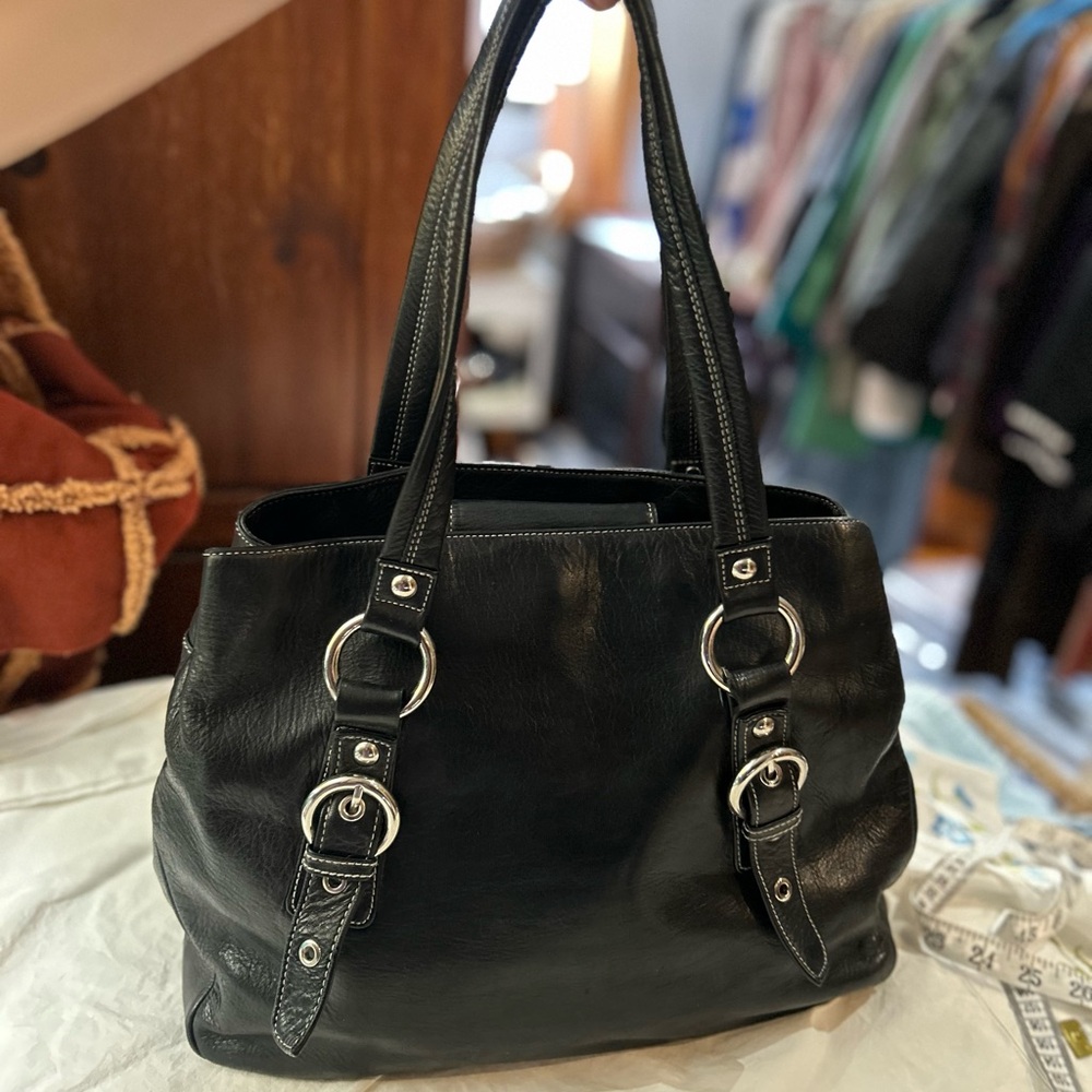 PERLINA Leather‎ Bucket Tote Satchel Bag Black